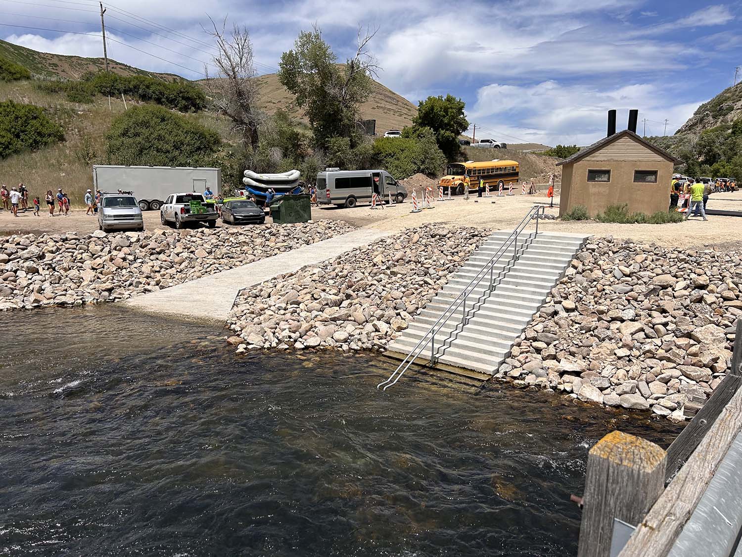 Picture of cement boat ram and steps entering the Provo River